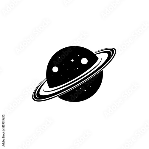 Stylized flat black icon of a planet with rings set against a white background for design and illustration purposes