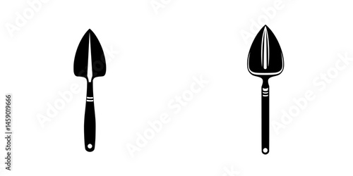 Flat black garden tools icon featuring a trowel and a weeder for horticultural use in landscaping and gardening activities
