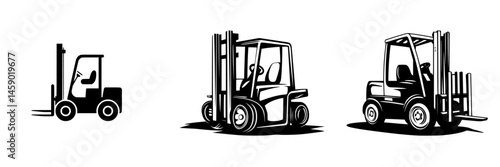 Forklift icons showcasing different angles and designs representing material handling efficiency and industrial activity