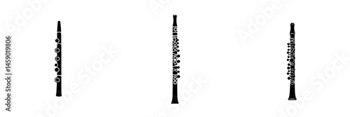 Flat black icons depicting various types of flutes arranged vertically on a white background