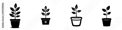 Variety of flat black plant icons showcasing different pot designs and leaf arrangements for digital use