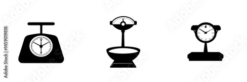 Various flat black icons of weighing scales representing different types and designs commonly used in kitchens and markets