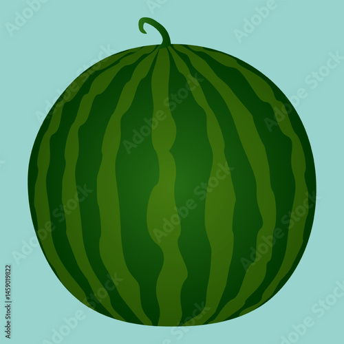 Bright vector illustration of whole tropical striped round watermelon on blue background. Appetizing juicy summer berry. Perfect for Summertime and food themed designs and promotions.