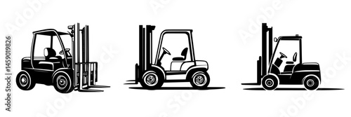 Flat black icons of forklifts showcasing different angles and designs for industrial and warehouse activities