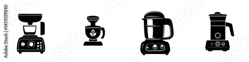 Black flat icons representing various kitchen appliances including coffee maker, blender, and food processor