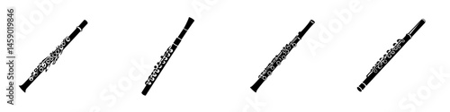 Flat black icons of musical instruments showcasing various designs of flutes in a minimalist style suitable for educational or decorative purposes