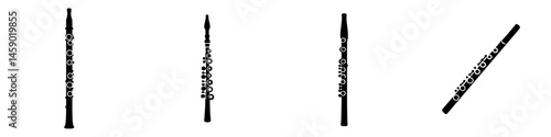 Stylized flat black icon collection of a flute showcasing different angles and positions for versatile use in design projects