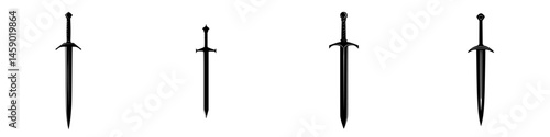 Various flat black sword icons arranged in a row, showcasing different styles and designs for use in digital graphics or illustrations