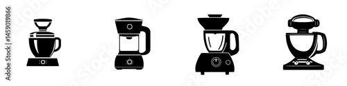 Black kitchen appliances icon set featuring blender, coffee maker, food processor, and stand mixer for modern kitchen design