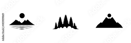 Minimalist black icons representing mountain landscapes and trees in various formations for nature-themed designs