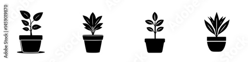 Flat black icon depicting various potted plants in different styles and arrangements representing indoor gardening and nature