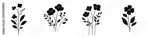 Decorative black floral icons showcasing various flower arrangements with leaves, suitable for design and art projects
