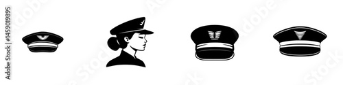 Illustration of flat black aviation caps and profile of a female pilot in a classic aviator cap design