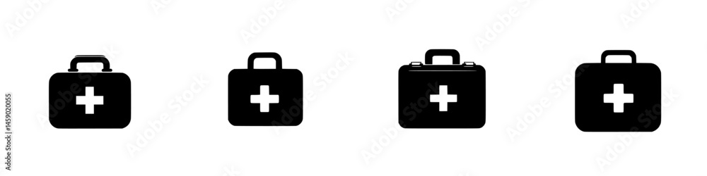 Obraz premium Icon set featuring flat black designs of first aid kits for various applications in healthcare and emergency services