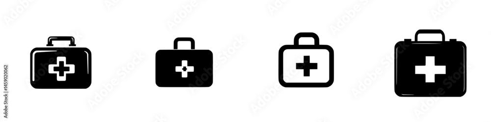 Various flat black icons of first aid kits arranged in a row for health and safety representation Various flat black icons of first aid kits arranged in a row for health and safety representation