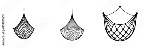 Flat black icons depicting various styles of hammocks displayed in a minimalistic manner