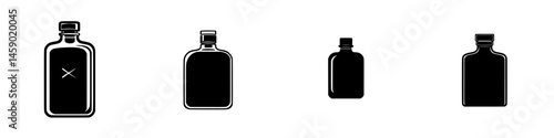 Flat black icons of various bottle designs suitable for use in graphic design and branding