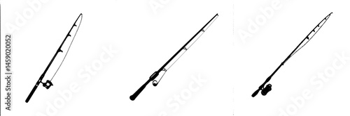 Flat black fishing rod icons depicting various angles and positions for use in digital designs and applications