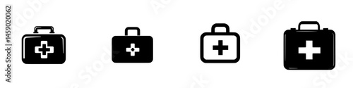 Various flat black icons of first aid kits arranged in a row for health and safety representation