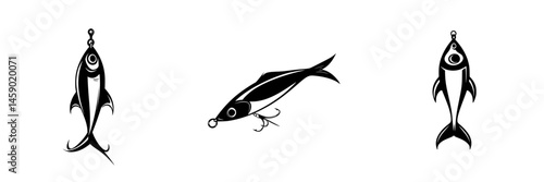 Flat black fishing lure and fish icon set suitable for various design purposes and recreational fishing themes