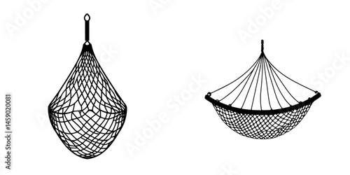 Hammock designs showcasing two styles of flat black hanging net icons suitable for various digital applications
