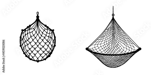 Hanging nets designed for storage or decorative purposes in a minimalist style enhancing interiors