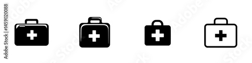 Flat black icons illustrating various designs of first aid kits for medical and emergency use displayed on a clean background