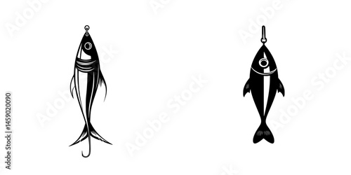 Flat black fish icons depicting fishing hooks and caught fish for use in digital design and illustration