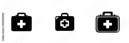 Flat black icons representing first aid kits in various styles for health and safety applications