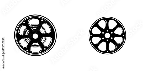 Flat black icons of two distinct wheel designs showcasing various spoke patterns and styles for graphic use