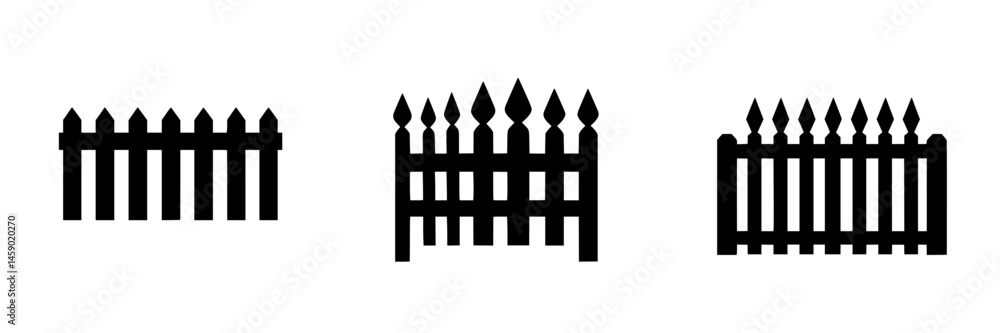 Black icons of fences showing different designs in a minimalist style for use in graphic design projects Black icons of fences showing different designs in a minimalist style for use in graphic design projects