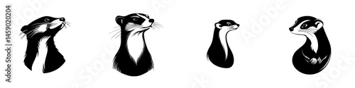 Unique flat black icon designs of ferrets showcasing various poses and expressions