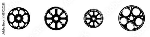 Flat black icons depicting various styles of wheels for design and graphic applications