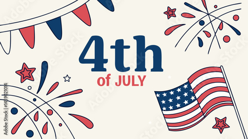 4th of July celebration with fireworks and American flag  