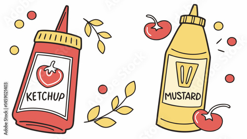 Ketchup and Mustard Bottles with Tomatoes and Leaves  
