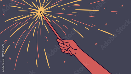 Hand holding sparkler lights up the dark night sky  