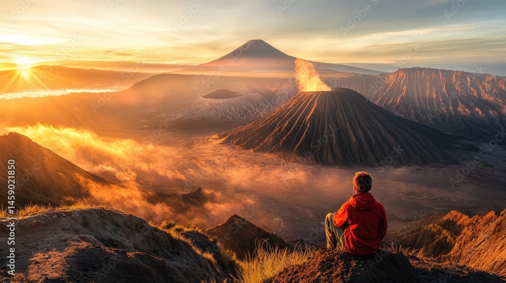 Fototapeta premium Serene Vantage: Captivating perspective of a lone figure beholding the magnificent panorama of mountain range and volcanoes, kissed by the golden light of dawn.