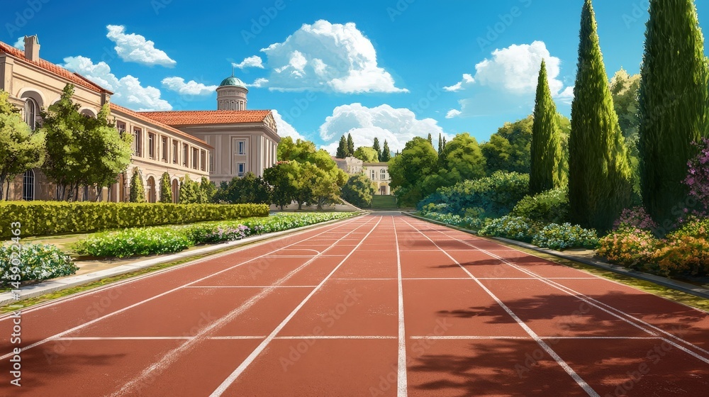 Obraz premium A deserted running track at a university campus, surrounded by classic buildings and lush gardens