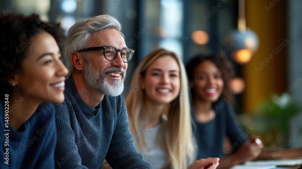 Fototapeta premium Enthusiastic Group at Meeting: A vibrant business team of diverse individuals is engaged in a meeting, expressing smiles, and radiating positivity.