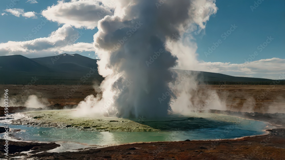 Fototapeta premium Geothermal activity in iceland with erupting geyser pool and distant mountains under a cloudy blue sky