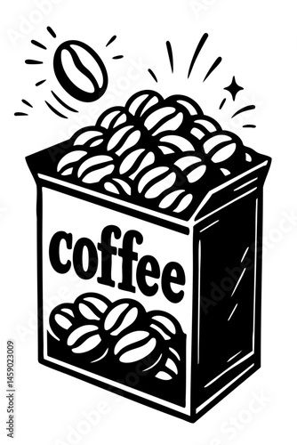 A cute minimal black and white graphic design illustration vector of coffee beans, full inside an open box in cartoon 1930s packaging style with some dynamic movement around the plastic container