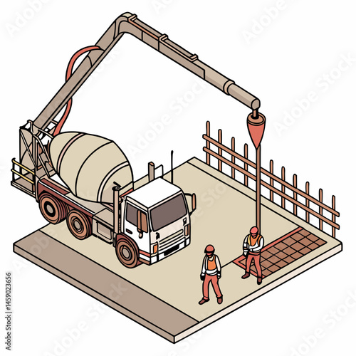 Concrete pump truck pouring cement at a construction site  