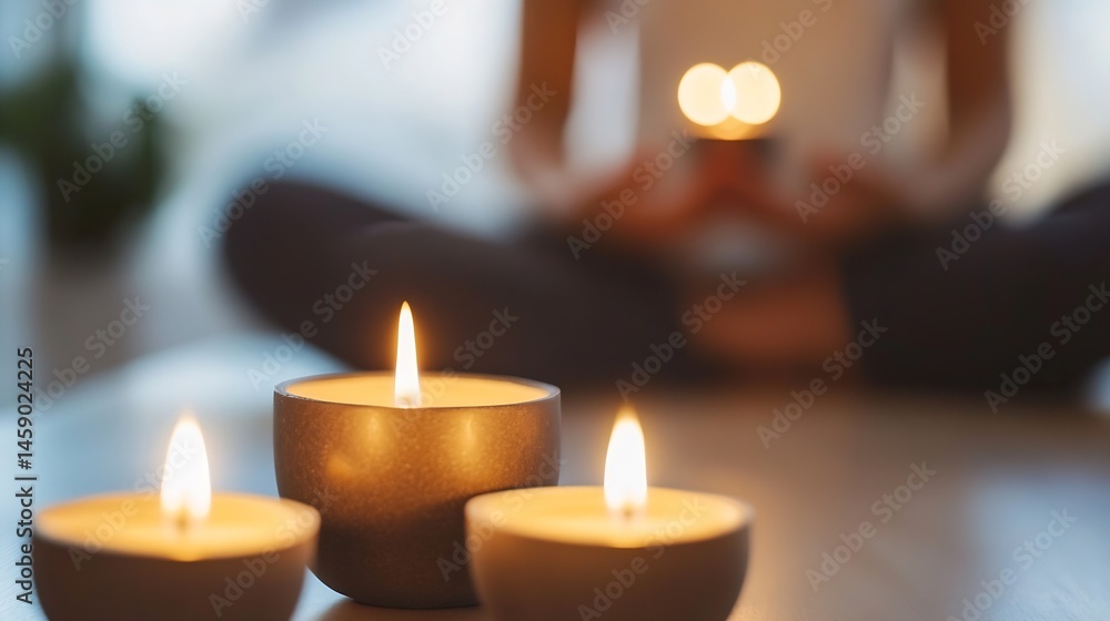 Serene woman meditating with three burning candles in a dimly lit room, creating a peaceful and calming atmosphere. : Generative AI Serene woman meditating with three burning candles in a dimly lit room, creating a peaceful and calming atmosphere. : Generative AI