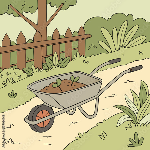 Wheelbarrow carrying soil with seedlings in a garden path  
