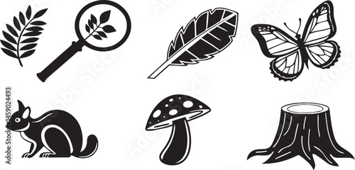 Cat Microsco Leaf Butterfly Mushroom Tree Vector Icon Set in Clean Design Style