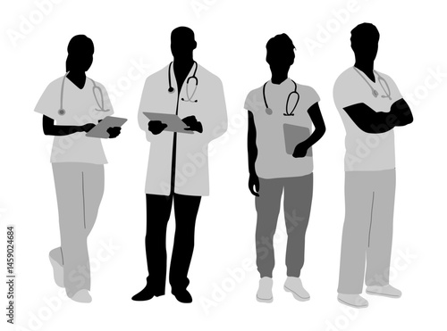 Set of doctors, nurse, medic workers with stethoscope in uniform standing, walking, holding clipboard, tablet. Monochrome silhouettes flat vector illustrations isolated on transparent background