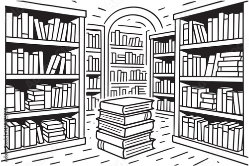 In black and white, the vector background doodle portrays a classic library where rows of books create a maze of learning and discovery.

