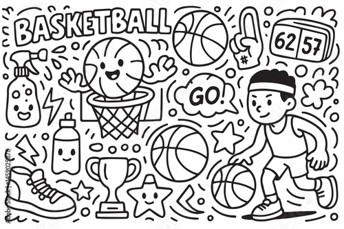 A black and white vector background doodle showcases basketball elements like hoops, balls, and sneakers in a dynamic, hand drawn sketch style.

