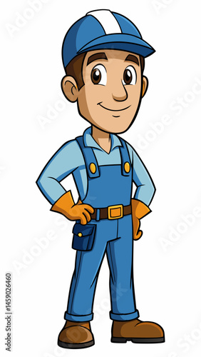 Electrician smiling in a uniform with tools on a white background  