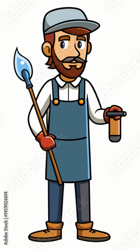 Glassblower holding tools and glass against a neutral background  